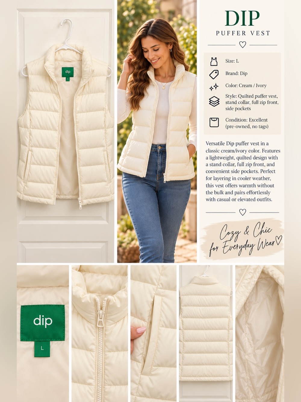 dip Cream Quilted Puffer Vest with Stand Collar